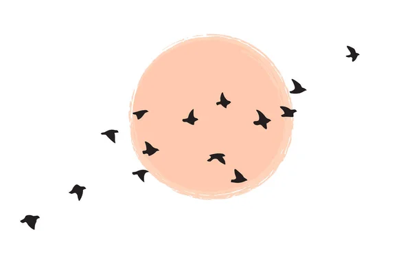 Група Птахів Летить Сонці Або Місяці Силует Пташиної Зграї Світанку — стоковий вектор