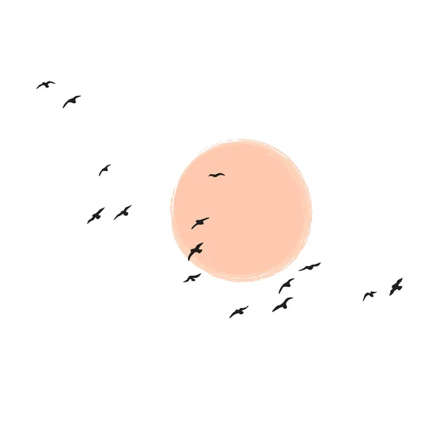 鸟儿群在太阳或月亮的映衬下飞行 黎明或日落时的鸟群轮廓在白色背景下被隔离 矢量极小化说明 — 图库矢量图片#