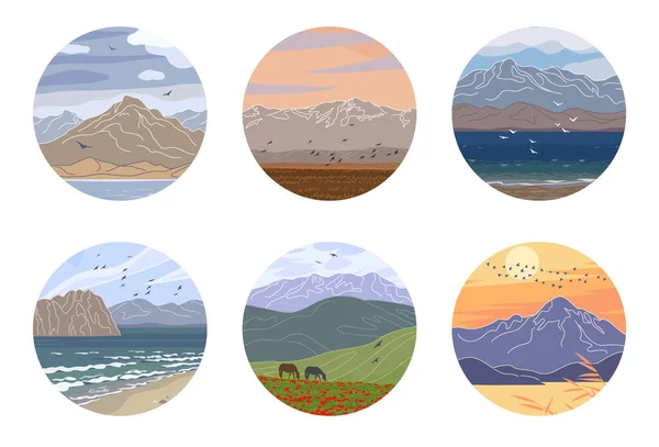 Σύνολο Από Στρογγυλές Ετικέτες Τοπία Κυκλική Διανυσματική Μινιμαλιστική Εικονογράφηση Ορεινή — Διανυσματικό Αρχείο