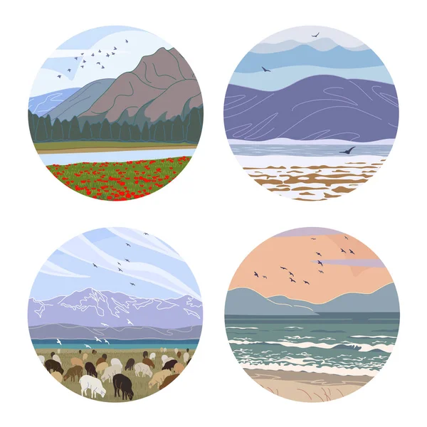 Zestaw Okrągłych Etykiet Krajobrazami Okrągłe Wektorowe Minimalistyczne Ilustracje Sceną Górską — Wektor stockowy