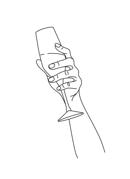 ワイングラスを持っている女性の手 モノクロームベクトルデザイン要素 ラインアートイラスト — ストックベクタ