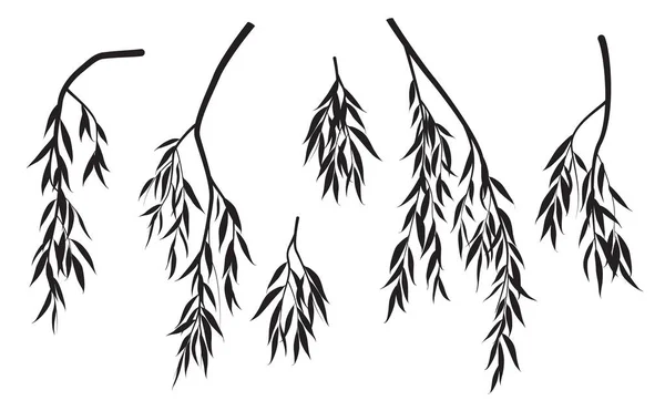 Ensemble Silhouettes Noires Branches Arbres Avec Des Feuilles Isolées Sur — Image vectorielle