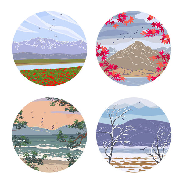 Set of round labels with season landscapes. Circular vector minimalist illustrations with mountain and sea scene.