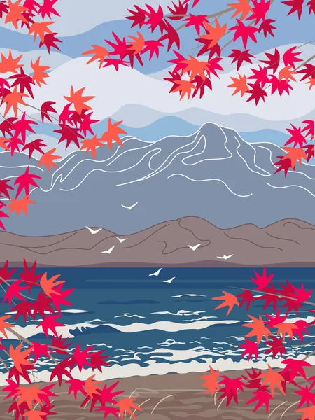 宁静的秋天风景 简单的自然景观与海岸 飞鸟和日本枫树枝叶与红叶 矢量极小化说明 — 图库矢量图片
