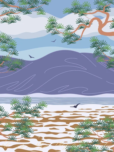 Послідовність Зимового Пейзажу Проста Сцена Природи Горами Річкою Хмарами Сосновими — стоковий вектор