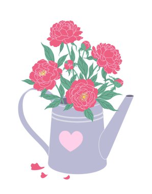 Beyaz arka planda pembe şakayıklı metal sulama kutusu. Çizgi film bahçıvanlığı, pembe kalple dekore edilmiş. Gri tencere ve şakayık çiçekli yaz kompozisyonu. Basit vektör düz resimleme.