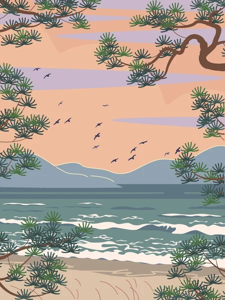 Huzurlu Akşam Manzarası Dağlı Plajlı Deniz Dalgalı Çam Dallı Uçan — Stok Vektör