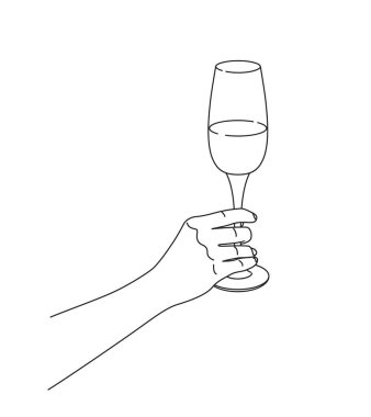 Female hand holding wine glass.  Monochrome vector design element, line art illustration.