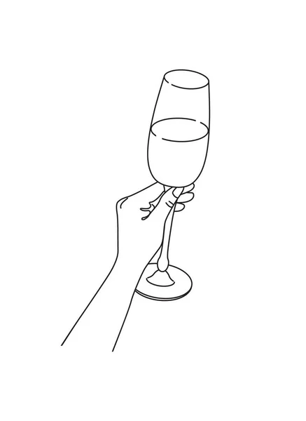 Female Hand Holding Wine Glass Monochrome Vector Design Element Line — Stock Vector