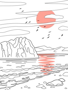Kırmızı güneş, tek renkli dağlar, dalgalar, bulutlar ve uçan kuşların olduğu doğa sahnesi. Sanat tarzında huzurlu bir manzara. Vektör minimalist illüstrasyon.