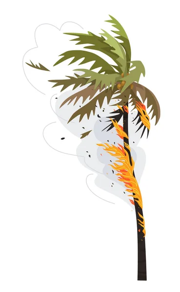 白い背景に隔離されたヤシの木を燃やします 野生の自然の中の火 空気中の煙について 炎上する熱帯植物 自然災害と野火の概念 シンプルなベクトルフラットイラスト — ストックベクタ
