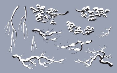 Set of snow covered tree branches isolated on gray background. Monochrome winter plant without leaves. Snowy and frozen deciduous tree and conifers during cold season. Simple vector flat illustration.
