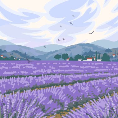 Basit bir lavanta tarlası manzarası. Mor bitkilerle, dağlarla ve gökyüzünde uçan kuşlarla dolu huzurlu doğa manzarası. Vektör minimalist illüstrasyon.
