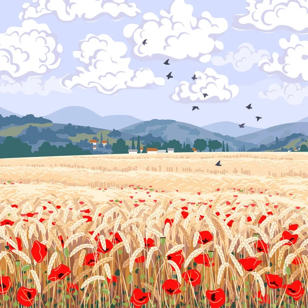 Rural scene with field of ripe wheat, red poppy flowers, hills, clouds and flying birds in sky. Calm summer countryside landscape.  Simple vector illustration.