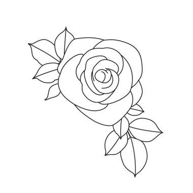 Rose 'un beyaz üzerine çizdiği doğrusal çizim. Çiçek kafası ve yaprakların siyah çizgisi. Vector monokrom zarif çiçek kompozisyonu vintage stil, dövme tasarımı, boyama sayfası.