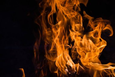 Siyah arka planda izole edilmiş yanan alev ya da yangın. Termal enerji yığını yakın plan, kırmızı ve sarı, ısı enerjisi gece boyunca yakıt, siyah zemin üzerinde ışık                                