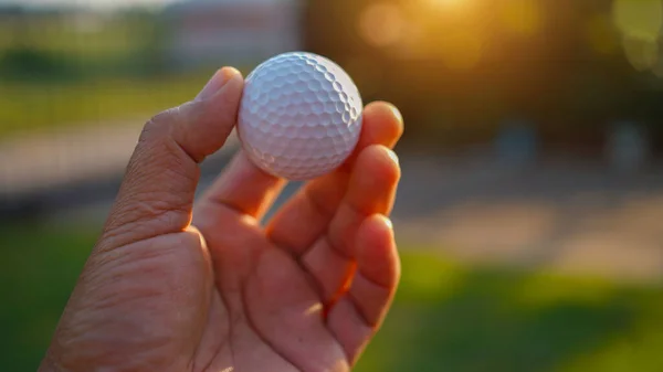 Hand hold golf ball with tee on course, golf course background. A golfer showing white golf ball in glove hand holding ,green grass nature blur background sunlight.