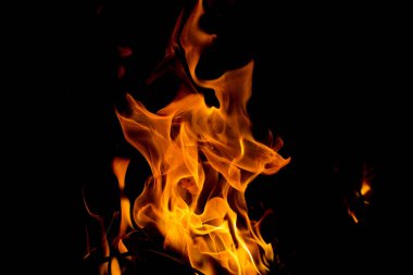 Siyah arka planda izole edilmiş yanan alev ya da yangın. Termal enerji yığını yakın plan, kırmızı ve sarı, ısı enerjisi gece boyunca yakıt, siyah zemin üzerinde ışık.                               