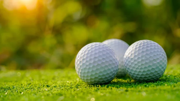 Groen Gras Met Golfbal Close Zachte Focus Bij Zonlicht Speeltuin — Stockfoto