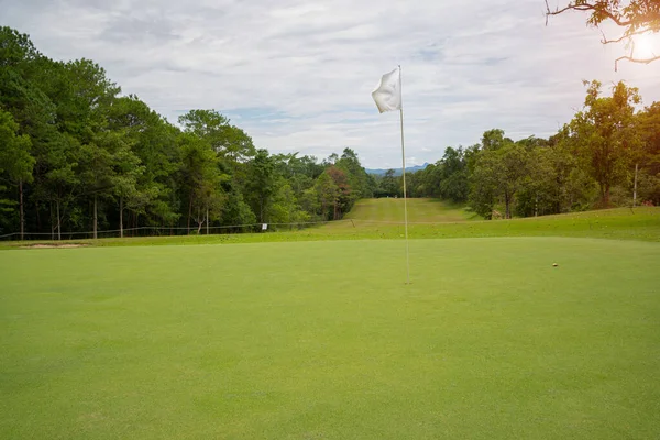 ゴルフ場の緑の芝生と森 ゴルフ場の緑の芝生と森 美しい緑を入れてゴルフコースの眺め 豊かな緑の芝生とゴルフコース美しい風景 ストック画像