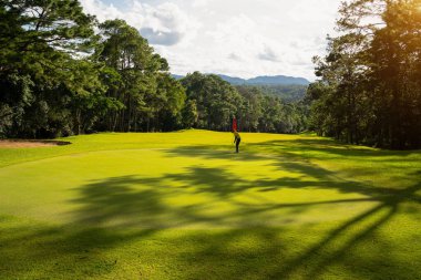 Bulanık golfçü akşam vakti golf sahasında golf oynuyor. Golfçüler akşam golf sahasına golf koyuyorlar. Spor tatil yaşam tarzı kavramı.
