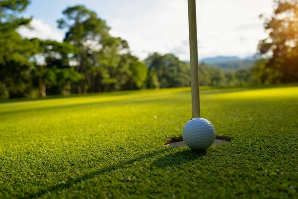 Bola Golfe Está Gramado Verde Belo Campo Golfe Com Sol — Fotografia de Stock