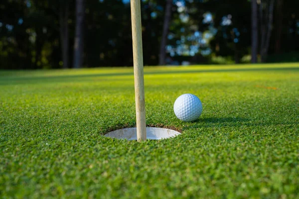 Golflabda Egy Zöld Gyepen Egy Gyönyörű Golfpályán Reggeli Napsütéssel Készen — Stock Fotó