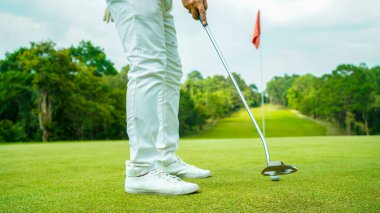 Golf topları gün batımında golf sahasında golf oyuncuları tarafından delik deşik edilecek. Golfçüler akşam saatlerinde golf sahasına golf oynuyorlar..                               