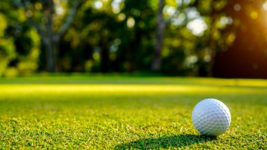 Golf topu yeşil çimlerin üzerinde, golf sahasında, arka planda güneş ışığı var. Yeşil çimlerin üzerindeki deliğin kenarındaki golf topu sıcak bir tonla ve günbatımıyla..                               