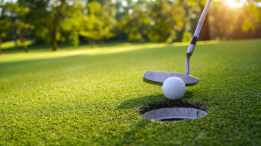 Golf topları gün batımında golf sahasında golf oyuncuları tarafından delik deşik edilecek. Golfçüler akşam saatlerinde golf sahasına golf oynuyorlar..                                