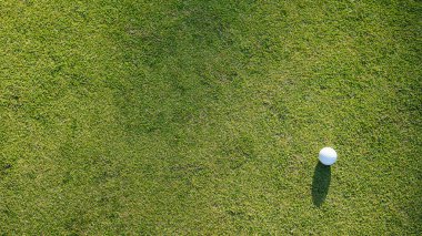 Golf topu yeşil çimlerin üzerinde, golf sahasında, arka planda güneş ışığı var. Yeşil çimlerin üzerindeki deliğin kenarındaki golf topu sıcak bir tonla ve günbatımıyla..                               