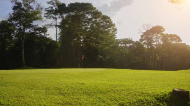 Golf sahasının manzarası ve güzel bir golf sahası. Zengin yeşil çimenlikli golf sahası. Güzel manzara..                                