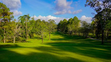 Golf sahasının manzarası ve güzel bir golf sahası. Zengin yeşil çimenlikli golf sahası. Güzel manzara..                                  