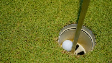 Yeşil sahadaki golf topunun en üst görüntüsü. Golf topu ve golf sopası akşam golf sahasında güneş ışığı altında..                            