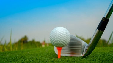 Golf sopaları ve golf topları yeşil çimlerde sabah güneşli güzel bir golf sahasında. Yeşil çimlerde golf ekipmanlarını kapatın..                               