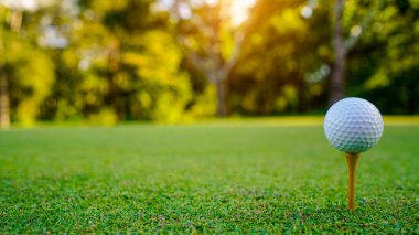 Golf sahasında gün batımlı golf topu. Golf topu golf arabalarıyla yaklaşıyor..                               