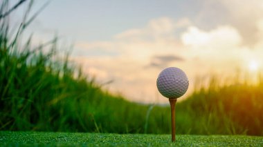 Golf topu yeşil çimlerin üzerinde, golf sahasında, arka planda güneş ışığı var. Yakın plan golf topu, bulanık yeşil bokeh arkaplanlı..                               