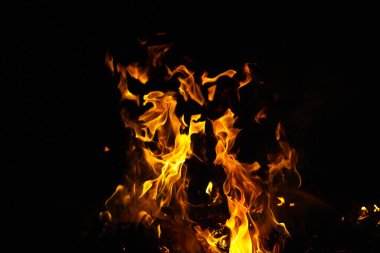 Siyah arka planda izole edilmiş yanan alev ya da yangın. Termal enerji yığını, yakın plan, kırmızı ve sarı, ısı enerjisi gece boyunca yakıyor / ışık siyah arkaplanda                