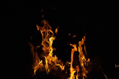 Siyah arka planda izole edilmiş yanan alev ya da yangın. Termal enerji yığını, yakın plan, kırmızı ve sarı, ısı enerjisi gece boyunca yakıyor / ışık siyah arkaplanda 