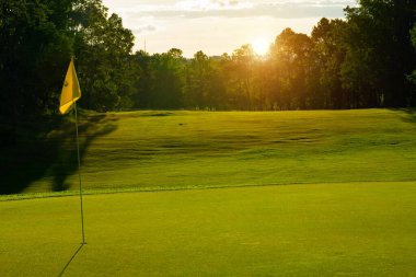 Güneşli bir günde güzel bir golf sahası. Arka plandaki golf sahasında güneş ışığı parlıyor. Kırsaldaki golf sahasında..