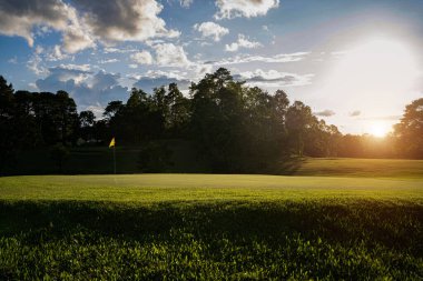 Güneşli bir günde güzel bir golf sahası. Arka plandaki golf sahasında güneş ışığı parlıyor. Kırsaldaki golf sahasında..