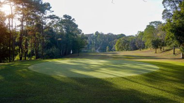 Golf sahasında yeşil çimenler ve ağaçlar. Golf sahasının manzarası ve güzel bir golf sahası. Zengin yeşil çimenlikli golf sahası. Güzel manzara..                                