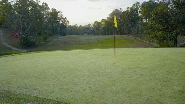 Golf sahasında yeşil çimenler ve ağaçlar. Golf sahasının manzarası ve güzel bir golf sahası. Zengin yeşil çimenlikli golf sahası. Güzel manzara..                                