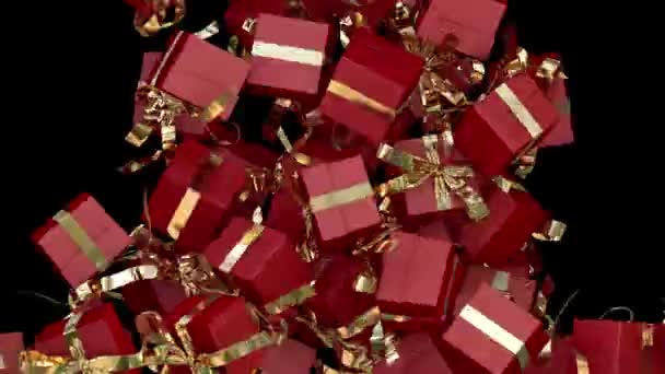 Vallende Grote Kerst Geschenkdoos Presenteren Overgang Rood Goud Met Alfa — Stockvideo