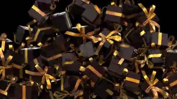 Falling Big Christmas Presents Gift Box Übergang Schwarz Und Gold — Stockvideo