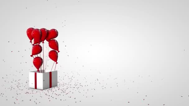 Подарункова Коробка Блиск Вивантаження Повітряні Кулі Вилітають Білі Червоні — стокове відео