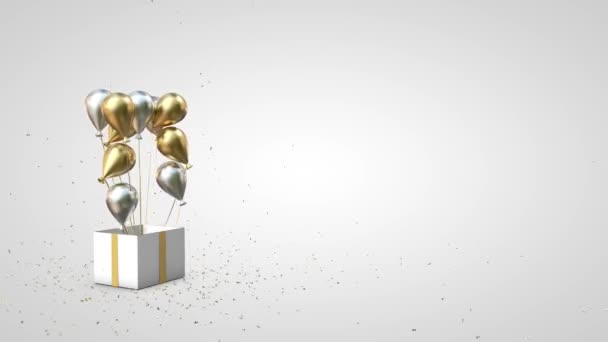 Scatola Regalo Glitter Esplodere Palloncini Volare Fuori Bianco Oro Con — Video Stock