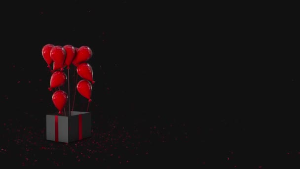 Gift Box Glitter Expload Balloons Fly Out Black Red — Vídeo de Stock