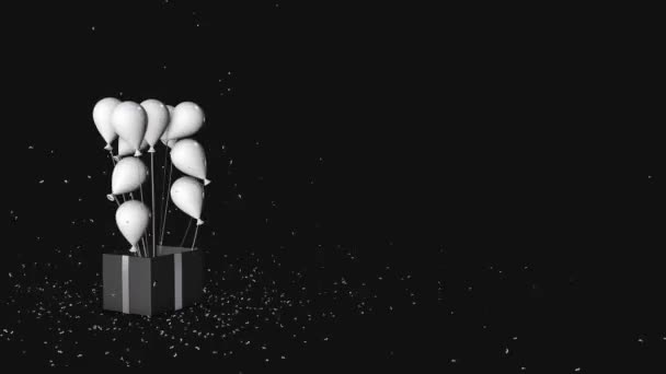 Подарункова Коробка Блиск Вивантаження Повітряні Кулі Літати Чорний Білий — стокове відео