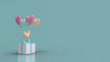 Gift Box Glitter Explode And Heart Shaped Balloons Fly Out Blue and Pastel valentine copy space